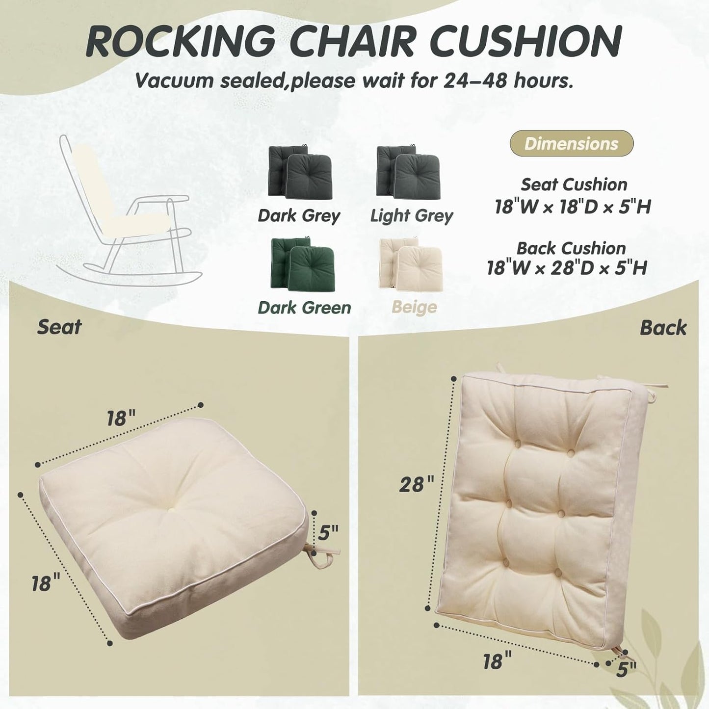 YZ HOME Rocking Chair Cushion, Set of Thicken Seat & Back Chair Cushions with Memory Foam, Non-Slip Chair Pad with Ties for for Indoor&Outdoor Rocker, Beige, 28 * 18 * 5/18x18x5