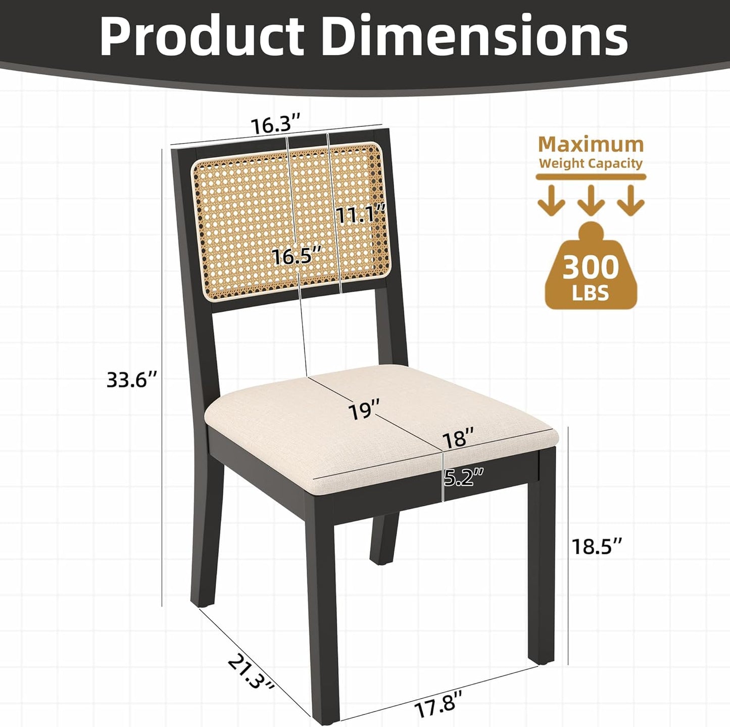 Westice Rattan Dining Chairs Set of 4, Farmhouse Natural Dining Room Chairs with Upholstered Cushion, Wood Armless Chairs for Kitchen/Restaurant, Black