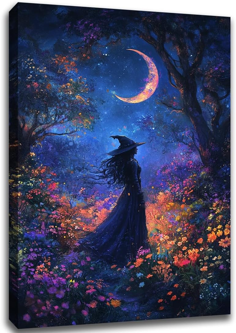 Vintage Halloween Witch Decor Mystic Gothic Wall Art Poster,Enchanting Witch Fall Whimsical Wildflowers Woodland Forest Crescent Moon Picture Art,Creepy Witchy Home Decor,8"x12" Framed