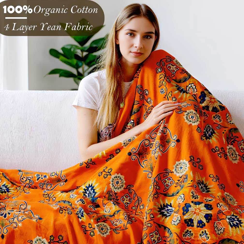 Boho Large Throw Blanket, 100% Organic Cotton Breathable Soft Bed Throw - Floral Farmhouse Decor Blanket for Sofa Couch Chair and Gift. 91" x 98"- Orange