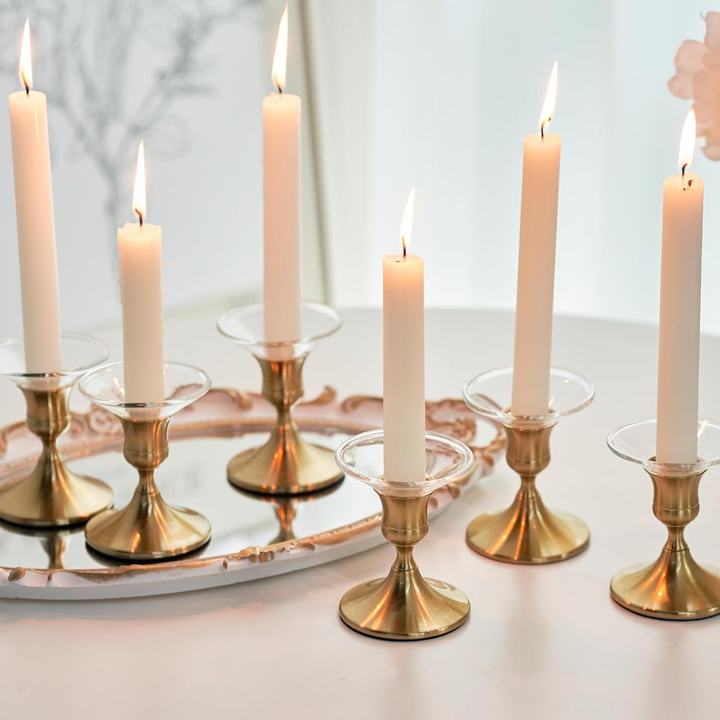 Gold Taper Candle Holder, Brass Candlestick Holders, Vintage Metal for Table Centerpieces Wedding Christmas Decor (Gold, 6 Pcs)