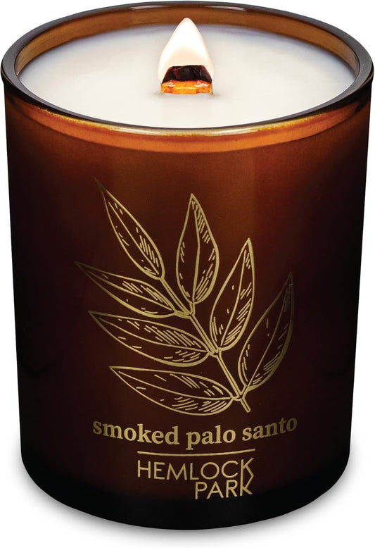 Hemlock Park Wood Wick Candle Handcrafted with Natural Coconut Wax and Essential Oils (Amber & Gold 7.2 oz, Smoked Palo Santo)