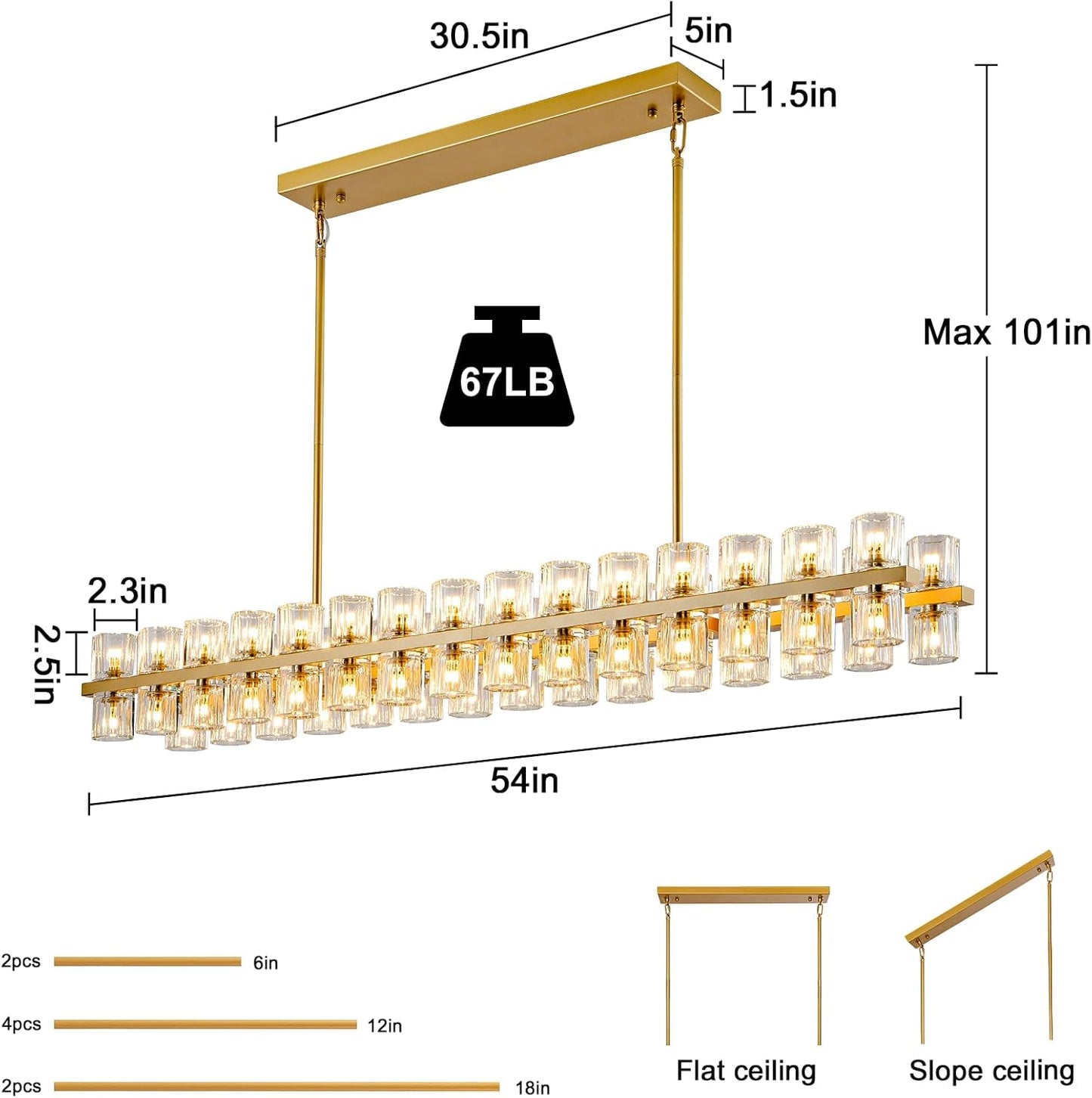 Crystal Brass Rectangle Chandeliers for Dining Room, 54in Gold Farmhouse Chandeliers for Dining Room, Modern Rectangle Crystal Chandelier for Kitchen Island Living Room, Includes 60XG4 Bulbs