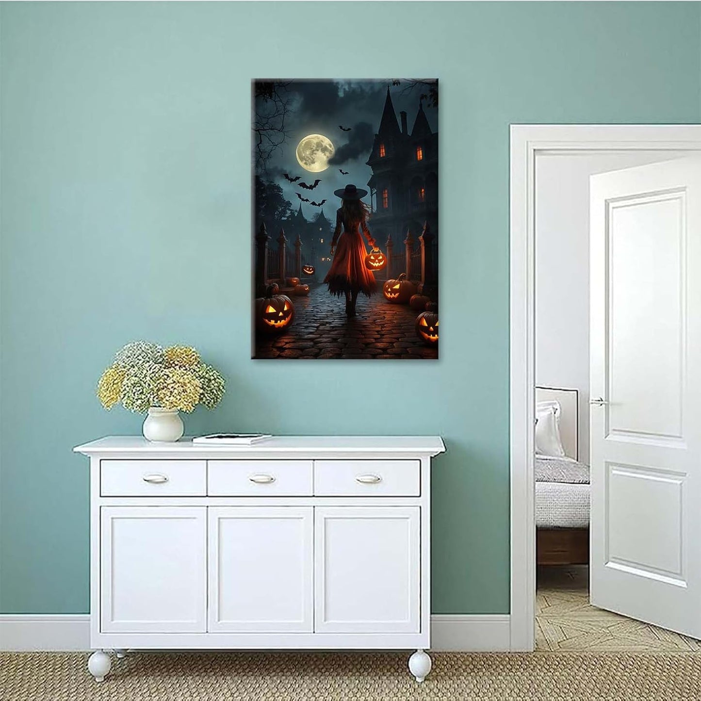 Halloween theme poster moonlit autumn night witch vintage poster art print dark college style gothic painting canvas wall decoration bedroom living room ideal gift16x24in Wood Framed