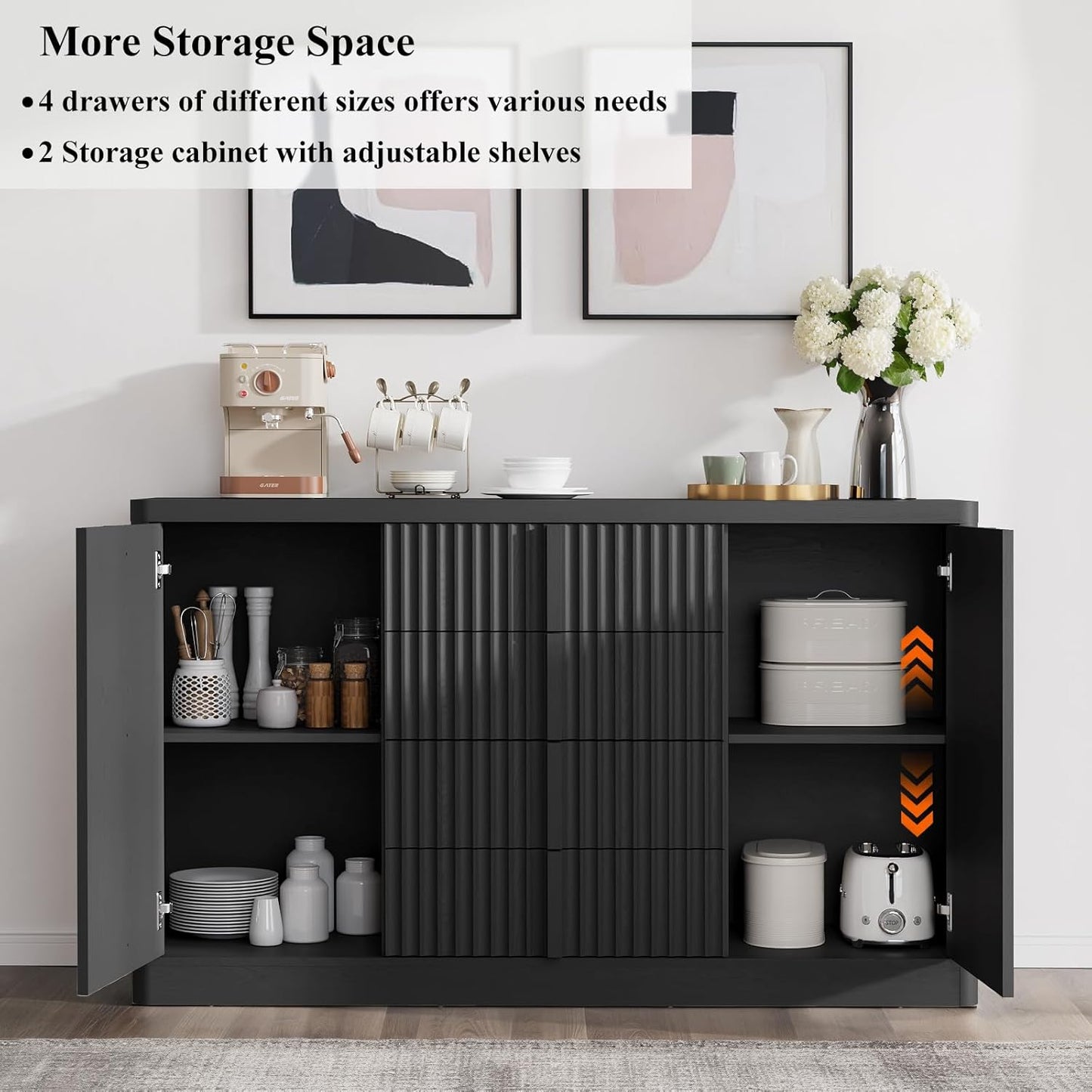 Buffet Cabinet with Storage, 60" Fluted Coffee Bar with 4 Drawers & 2 Doors, Modern Sideboard Buffet with Solid Wood Handle, Credenza Storage Cabinet for Living Room Kitchen Dining Room, Black(1PCS)