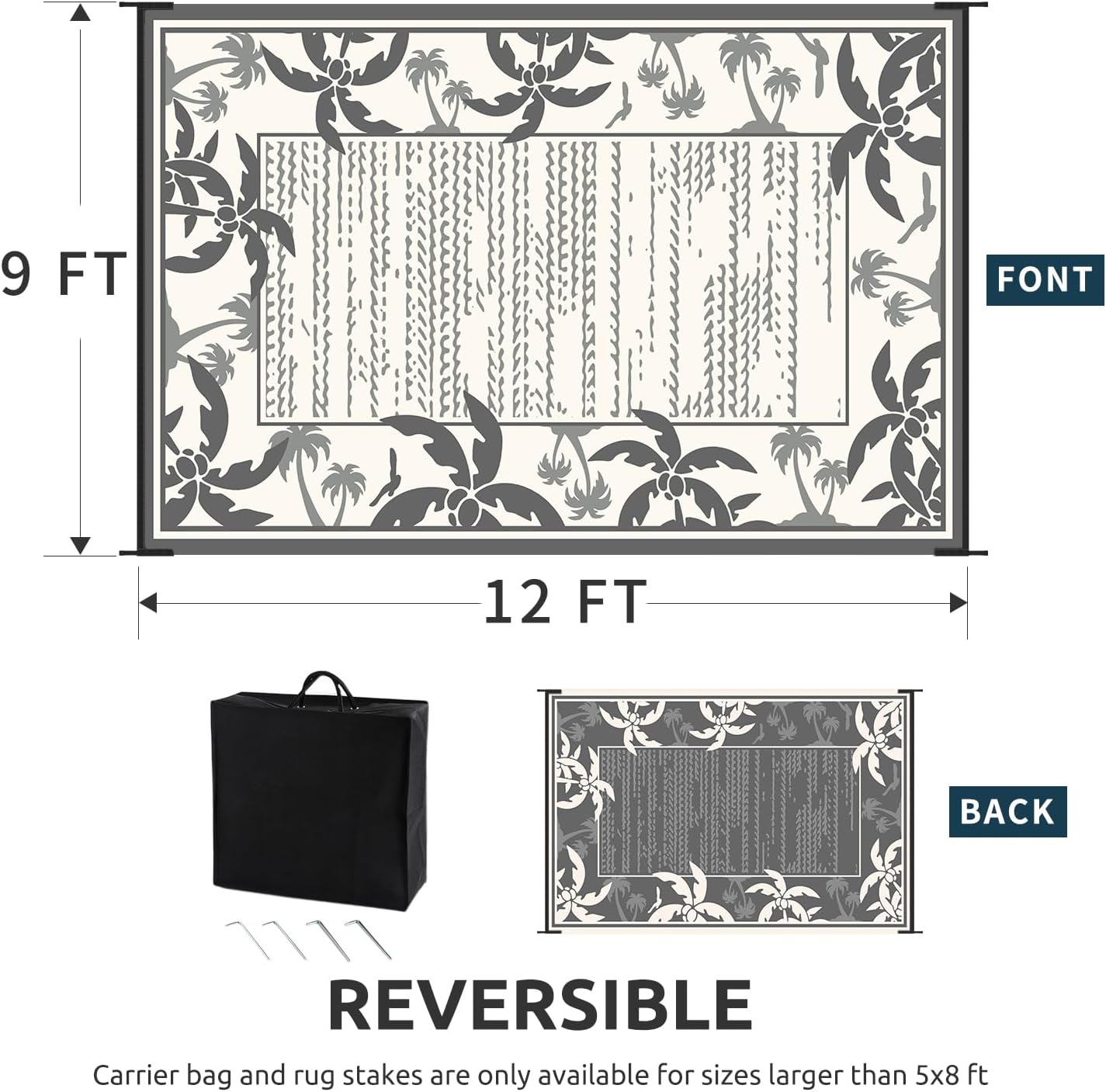 COCOER Outdoor-Rug 9x12 ft Waterproof Outdoor Plastic Straw Rug Reversible RV Indoor Outdoor Carpet Quick Dry Patio Rug Camping Mat for Balcony Backyard Picnic Beach-Grey&Beige