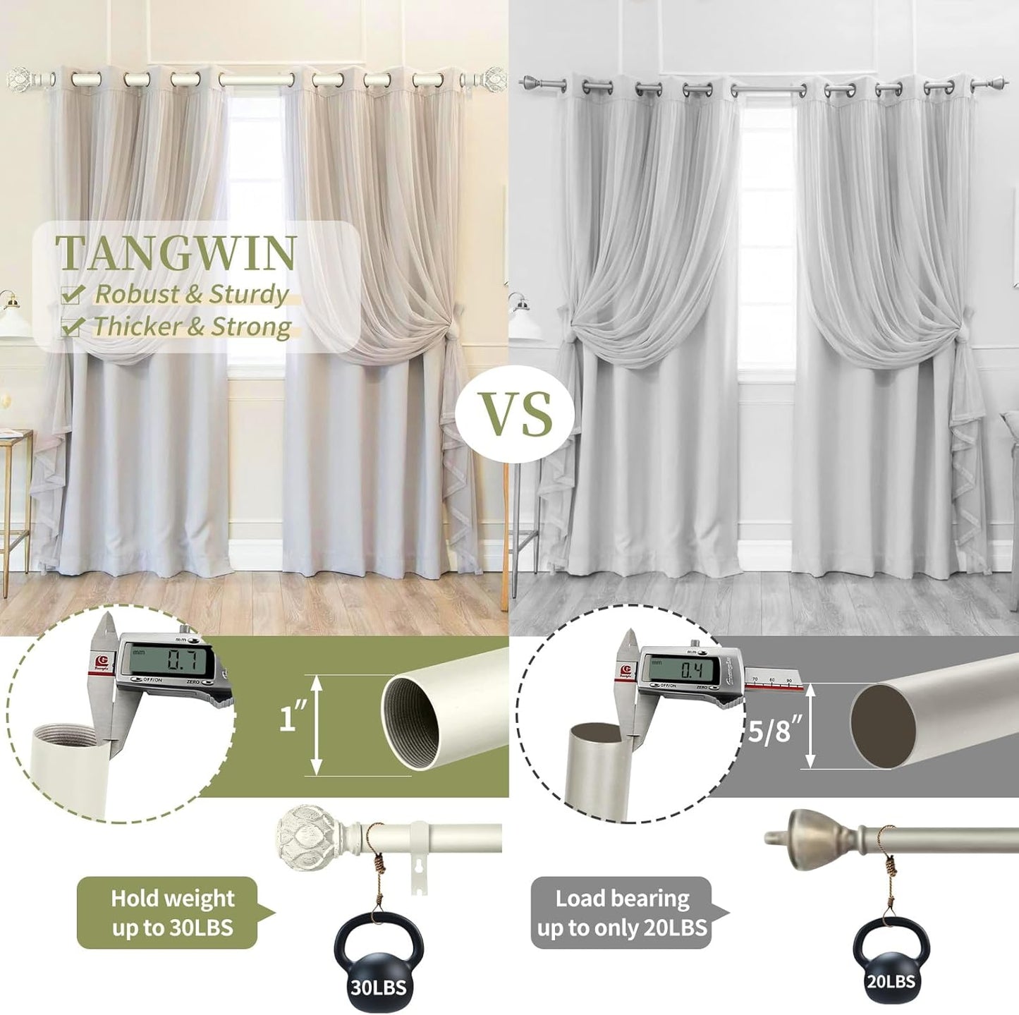 White Farmhouse Curtain Rods for Windows:66-120" Heavy Duty Adjustable Curtain Rod for Bedroom Living Room,Boho Decorative Rustic Drapery Rods with Vintage Coastal Texture Finial,Antique White
