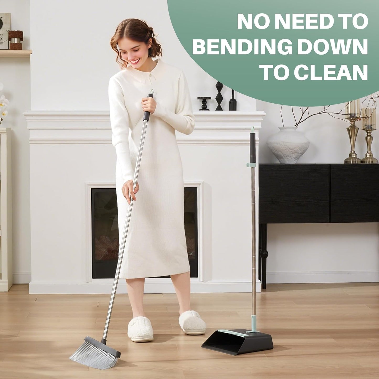 JOYMOOP Black Broom and Dustpan Set with 56” Handle, Upright Angle Design for Pet Hair and Hard Floor Sweeping