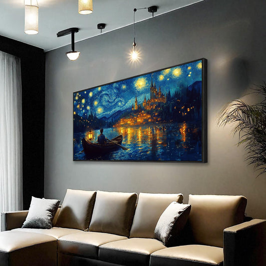 Wall Art Canvas Print Starry Night Over the Rhone by Van Gogh 20 x 40 inches Framed Home Artwork Decor Canvas Art Painting Living Room for Bedroom Office Wall Decor