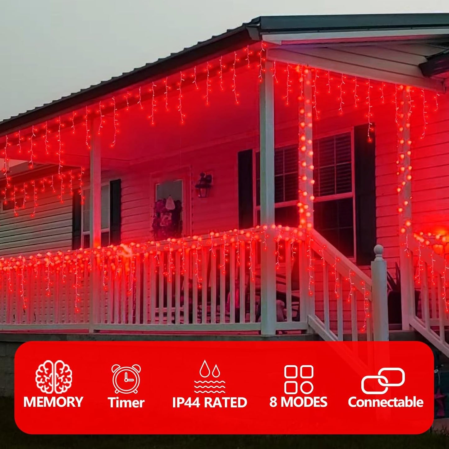 QITONG Red Halloween Lights for Outside, 66ft 800 LED Icicle Light with 8 Modes, 160 Drops Clear Wire Connectable Christmas Lights Indoor Plug in