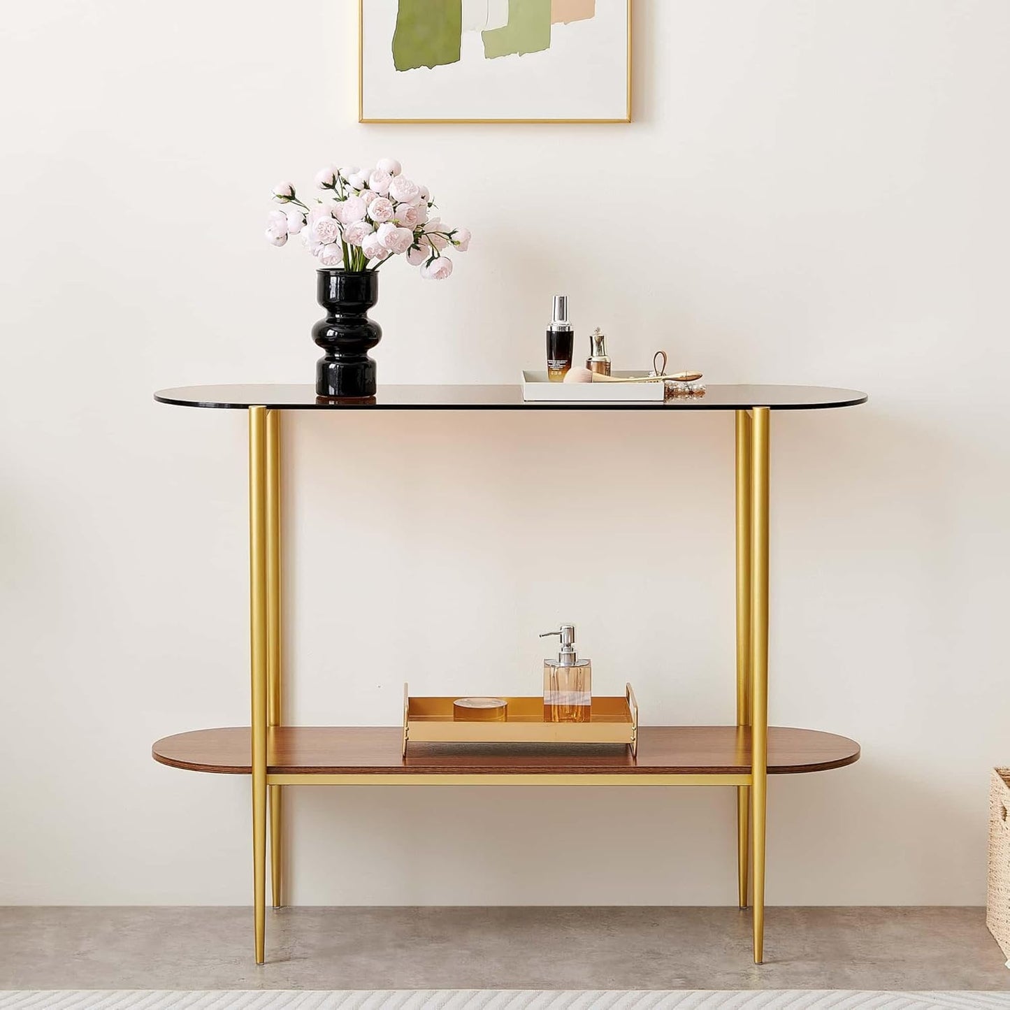 Oval Glass Console Table for Living Room, Foyer & Entrance, 2-Tiers Mid-Century Modern Sofa Table with Amber Glass Top, Walnut Finish Wood Top and Gold Finish Metal Frame