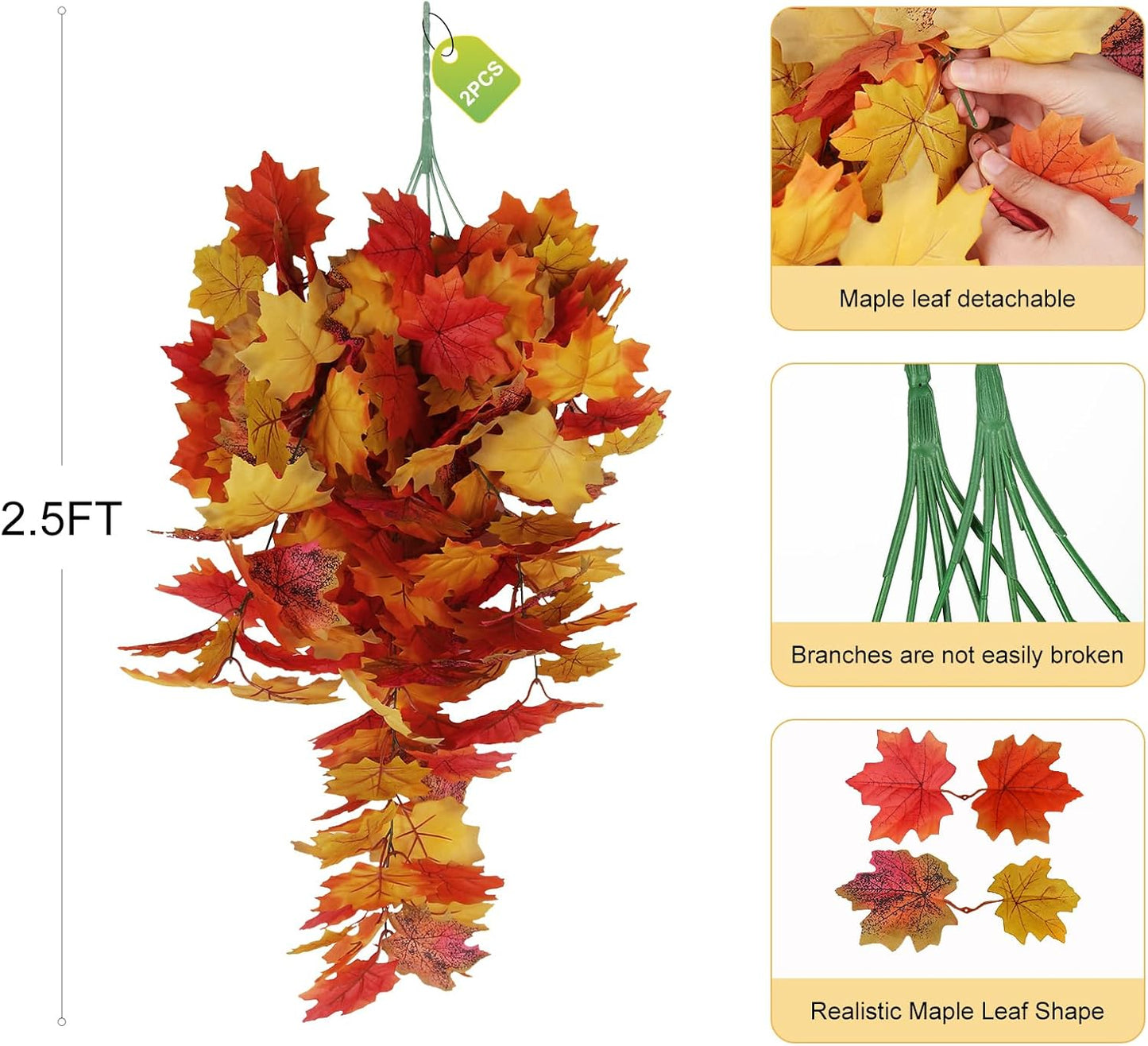 Fall Maple Leaf Hanging Plants Artificial Autumn Leaves Vines Outdoor Autumn Outdoor Decor, Artificial Fall Maple Leaves, Hanging Plants for Autumn Harvest Festival, Fake Plants Indoor(Yellow)