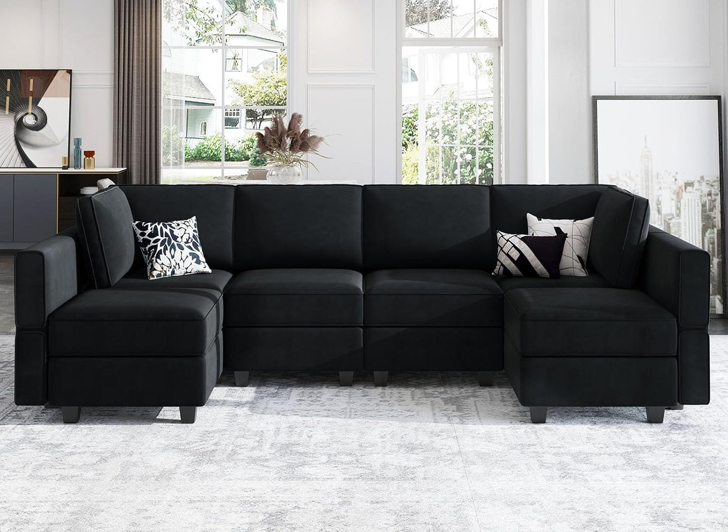 Belffin Modular Reversible Sectional Sofa U Shaped Couch with Storage Seat with Chaise Velvet Black