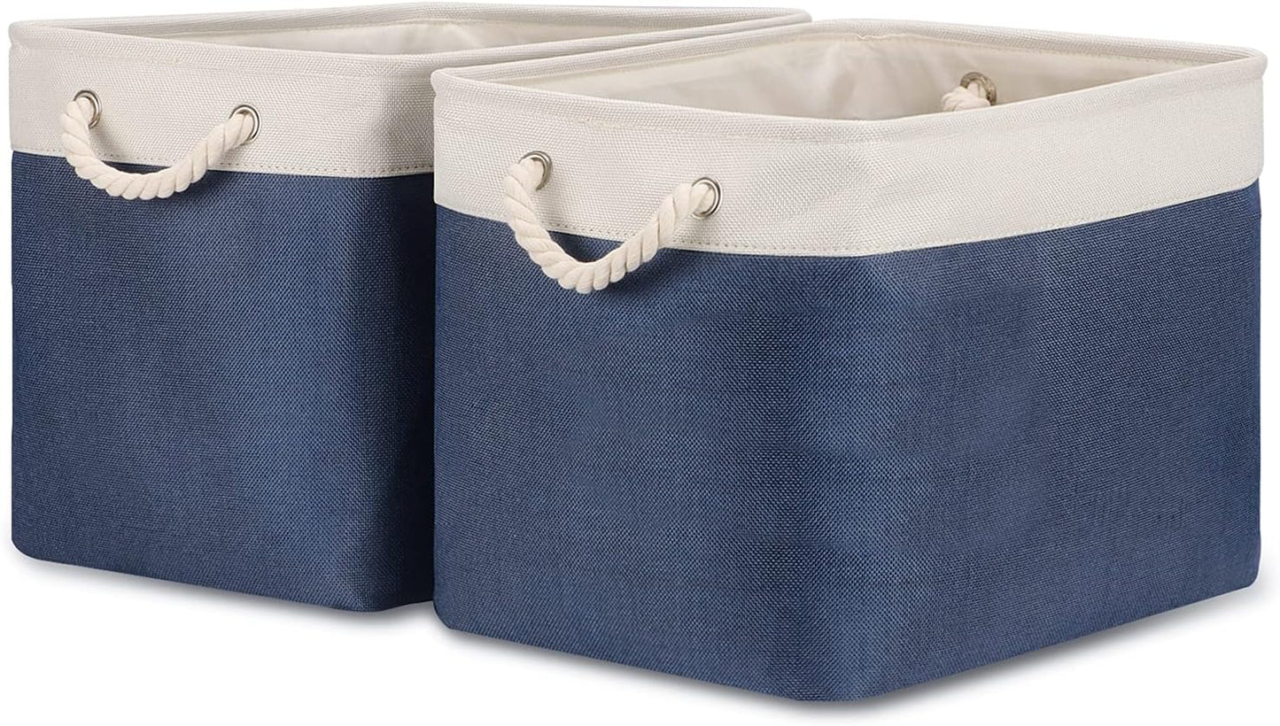 Bidtakay Fabric Storage Baskets with Handles for Organizing 16" x 11.8" x 11.8" Navy Blue Baskets [2-Pack] Shelf Baskets Large Canvas Collapsible Bins for Closet (White&Blue)