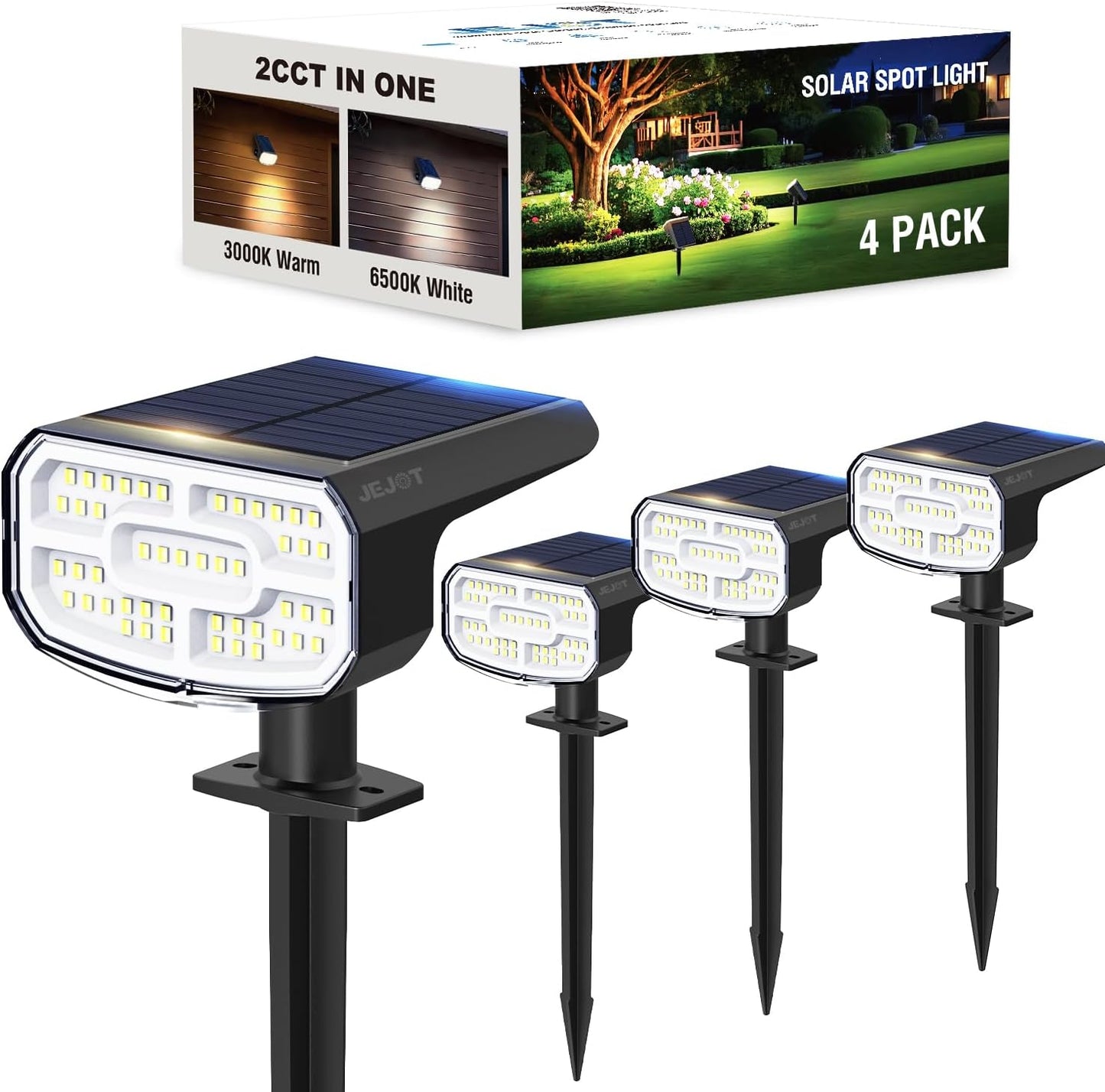 Solar Spot Lights Outdoor Waterproof IP65,4 Pack,2CCT(3000K/6500K),4 Lighting Modes Selectable, Solar Powered Yard Garden Solar Spot Lights for Outside Landscape Auto On/Off