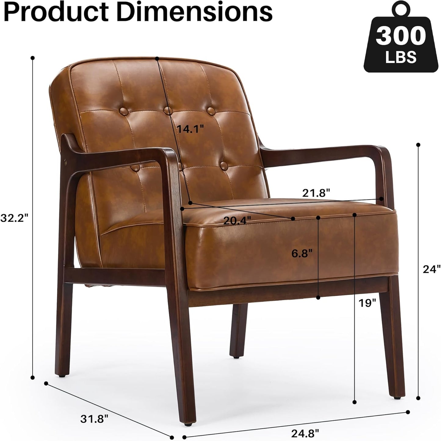 Faux Leather Accent Chair, Mid Century Modern Chair for Living Room, Upholstered Comfy Lounge Armchair with Solid Wood Frame, Reading Side Chair for Bedroom,105°Ergonomic Comfort, Brown