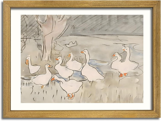 Vintage Framed Goose Wall Art Watercolor Print, Rustic Farm Duck Decor Canvas Painting, Minimalist Pastoral Poster Picture, Country Cottage Wall Decor for Living Room Kitchen Bathroom Bedroom 8x10 in