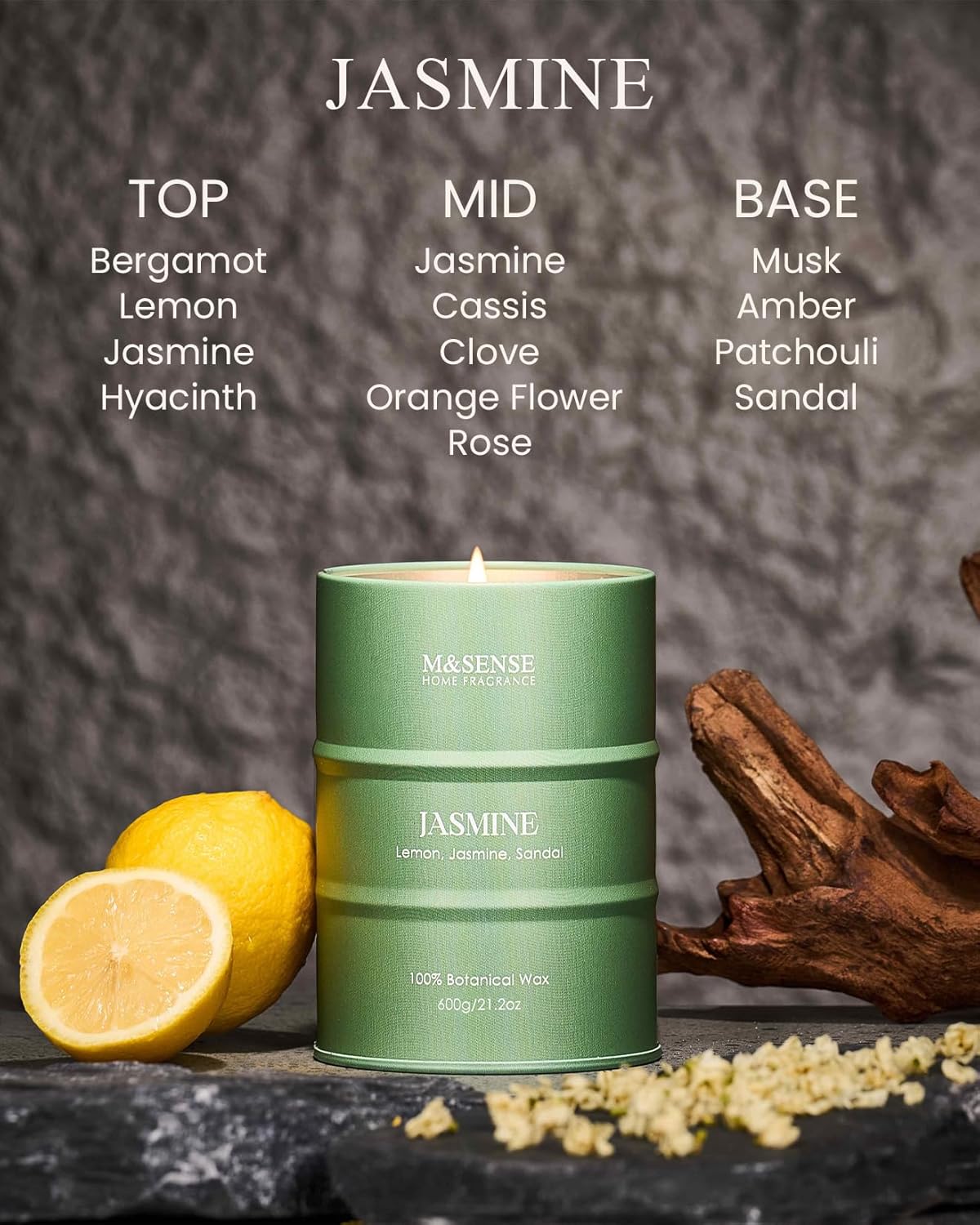 M&SENSE Jasmine Scented Candles Large, Natural Soy Candles 21.2oz 120 Hour Slow Burning,Aromatherapy Candle for Stress Relief Meditation Relaxing