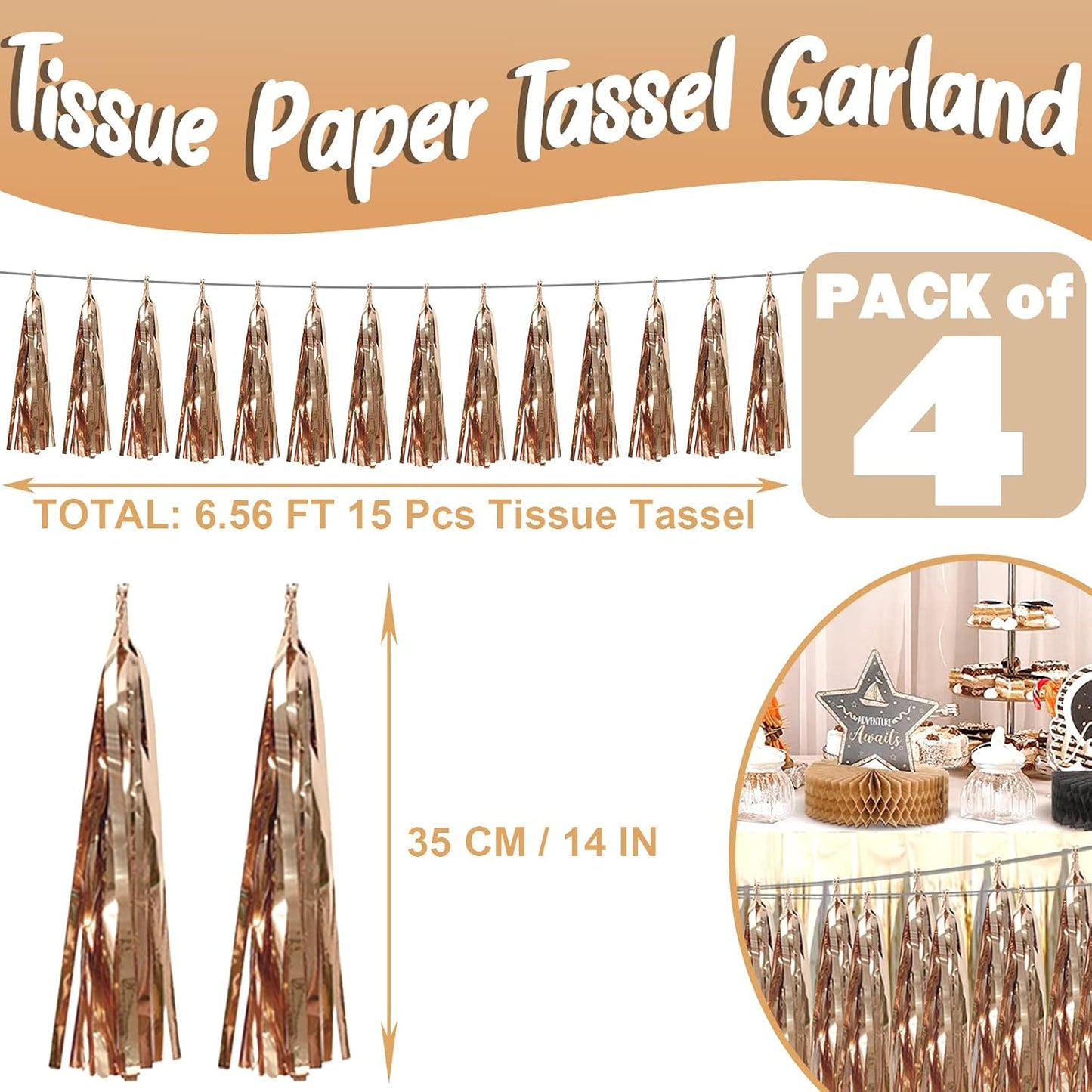 4P Champagne Gold Foil Fringe Metallic Streamers Banner Tassel Garland for Parade Floats, Bachelorette, Wedding, Birthday, Halloween, Christmas, Bridal/Baby Shower Party Decorations