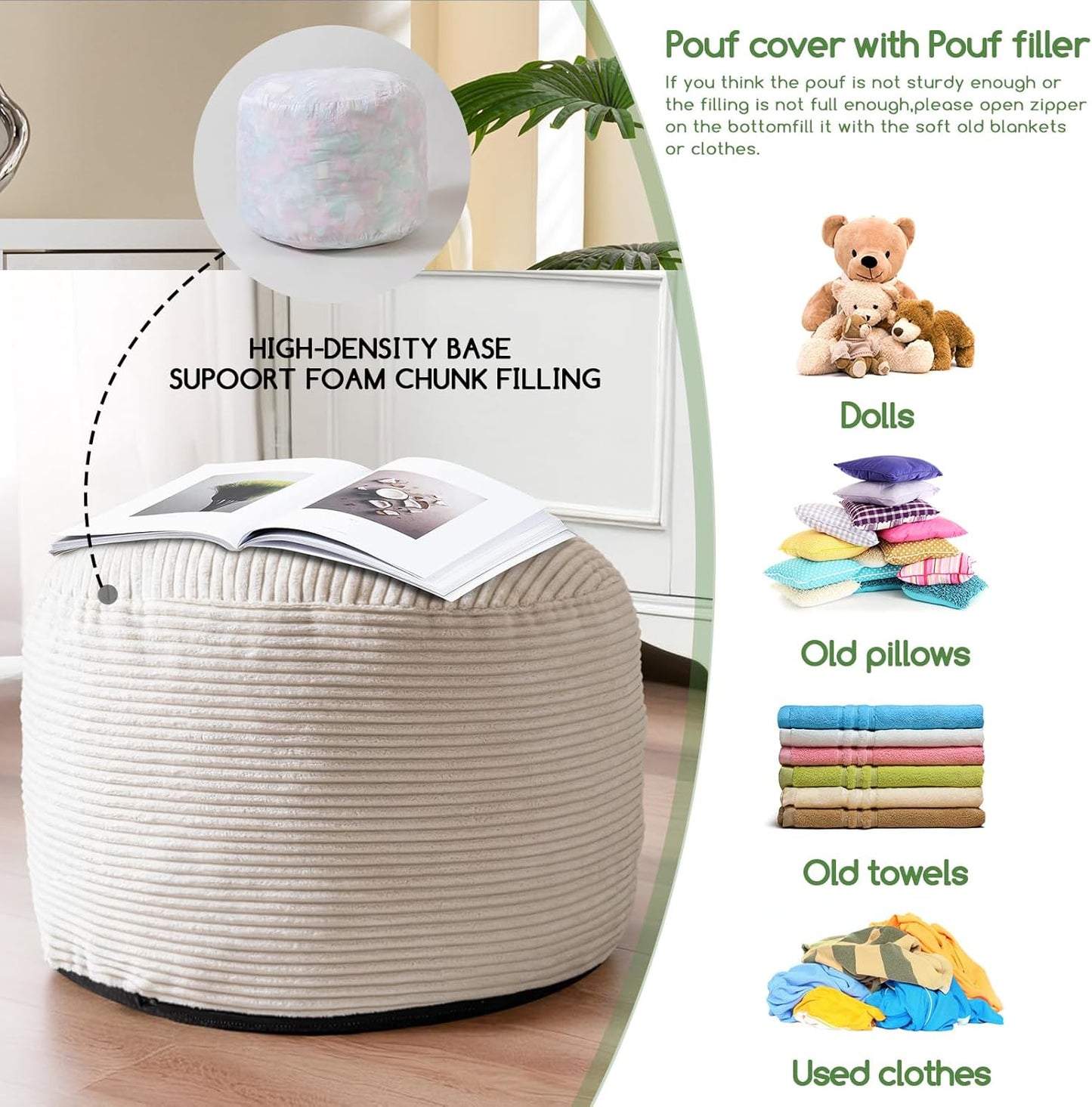 HIGOGOGO Round Stuffed Pouf Ottoman, Corduroy Poufs with Foam Chunk Filling, Furry and Fluffy Pouf Foot Stool Storage Ottoman, 20 X 15 Floor Poufs Foot Rest for Living Room, Beige