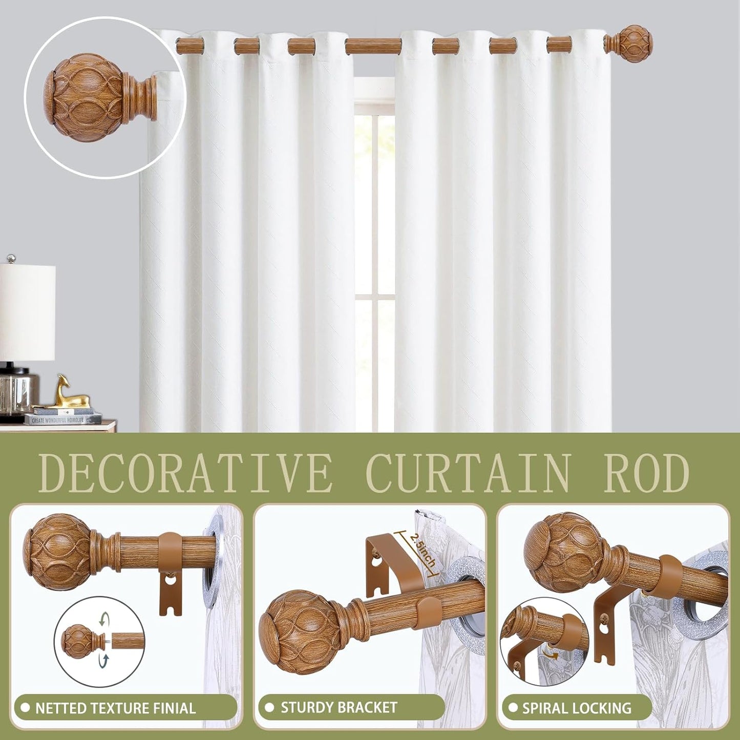 Wood Curtain Rods for Windows 28 to 48 Inch(2.3-4Ft),1 Inch Adjustable Curtain Rod,Heavy Duty Curtain Rods,Wooden Netted Texture Finial Drapery Rods,Single Window Curtain Rod 18-45",Brown Wood