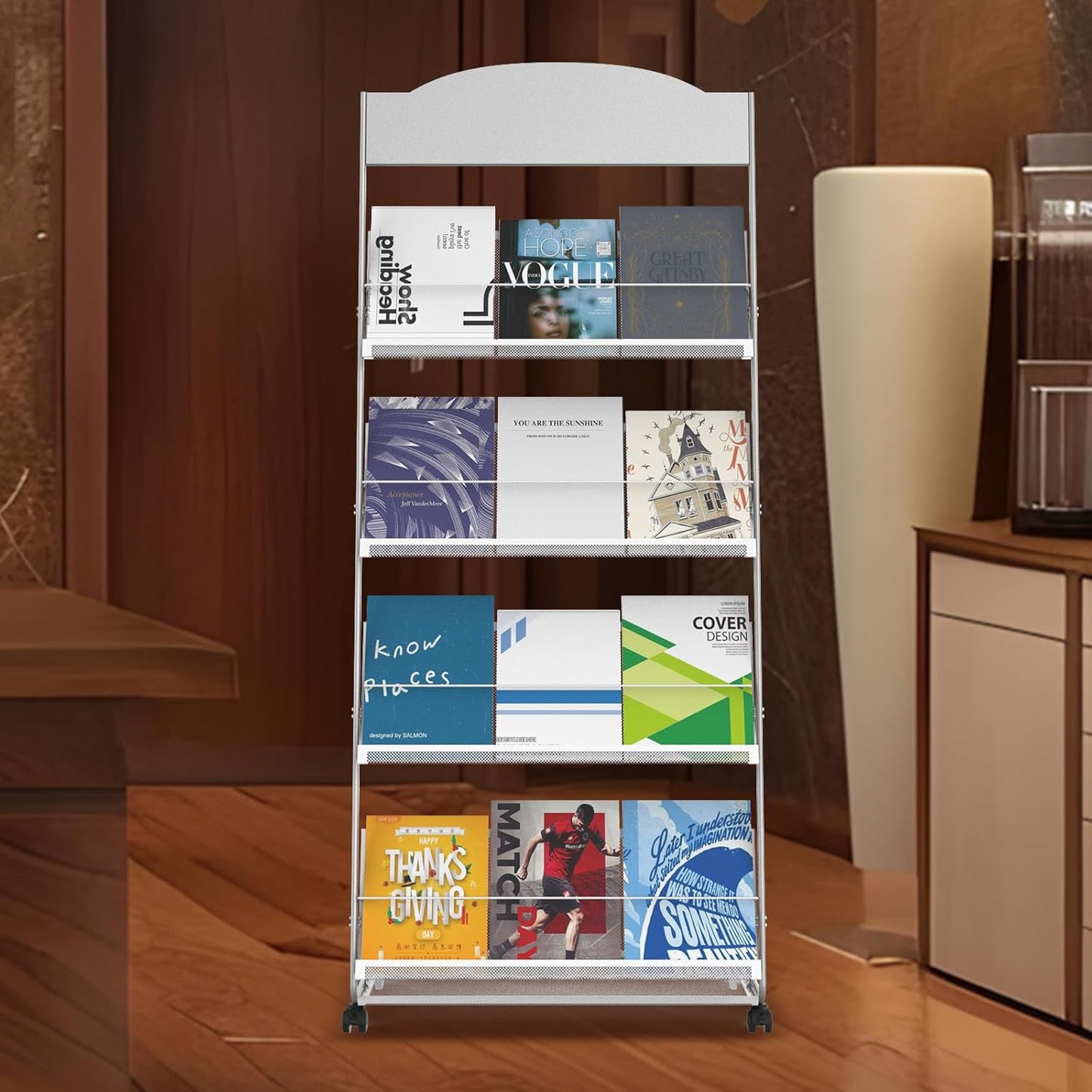 Floor-Standing Magazine Rack 4-Layer with Wheels, Semi-arched top Brochure Display Stand, High-hardness metal for Exhibitions, Office, and Any Organization Requiring Information Display (Arc-Sliver)