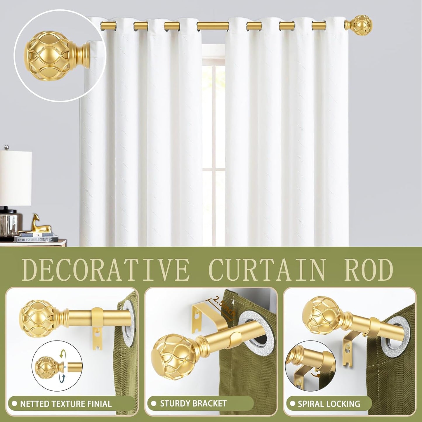 Gold Adjustable Curtain Rods for Windows:66-120 Inch Farmhouse Heavy Duty Curtain Rod for Bedroom Living Room,Boho Decorative Rustic Drapery Rods with Vintage Coastal Texture Finial,Brass Gold