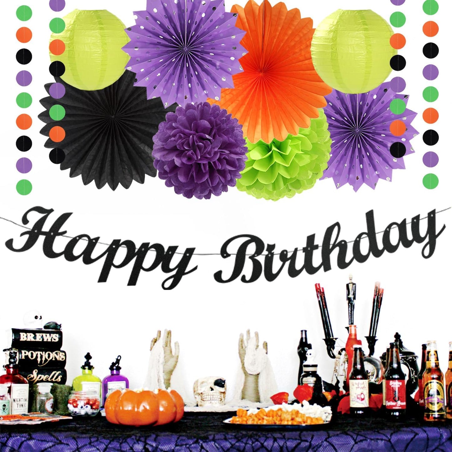 Black-Green Orange-Purple Halloween Birthday Party-Decorations - 21pcs Happy Banner,Paper Lanterns Honeycomb,Tissue Pom Poms Flower Fan,Kids Classroom Hanging Streamers Garland Decor Supplies Huglony