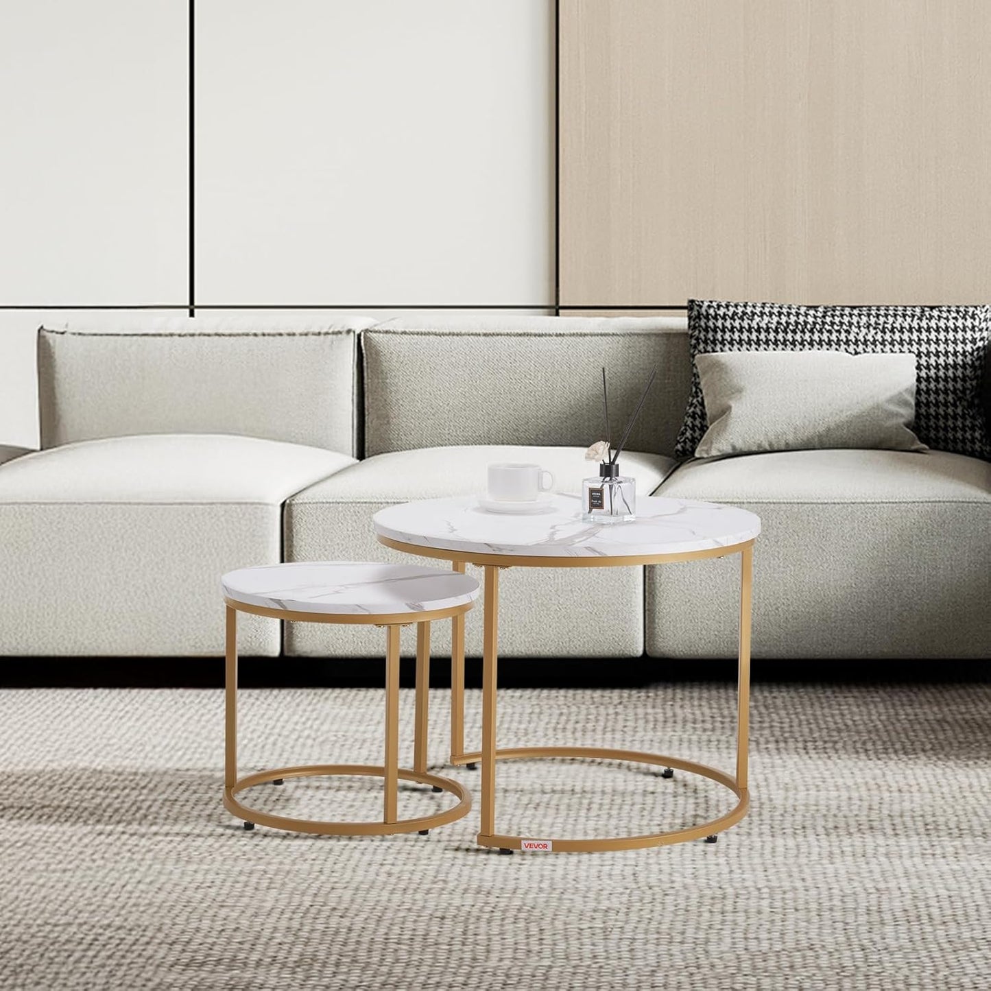 VEVOR Nesting Tables, Coffee Table Set of 2, 23.6 inch Round Coffee Table, Small Coffee Tables Night Stand with Metal Frame, for Living Room, Bedroom, Office (White & Gold)