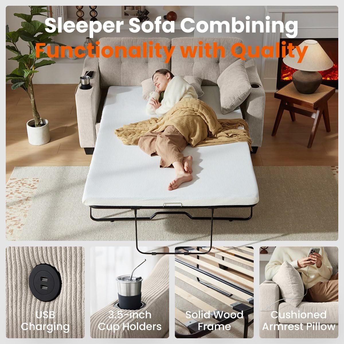 CHIC HOUSE Pull Out Sofa Bed, Full Size Sleeper Sofa, 2-in-1 Convertible Corduroy Couch with USB Charging, Memory Form Couch for Living Room, Apartment and Small Space (Beige, Corduroy - Full Size)