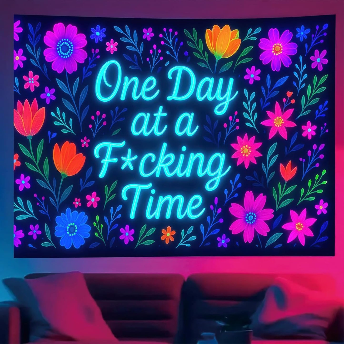Starlit Patio Neon Flowers Blacklight Tapestry UV Reactive Wall Hanging One Day at a F*cking Time for Bedroom Dorm Living Room Glowing Motivational Decor Fluorescent Trippy Poster 78 x 59 Inch