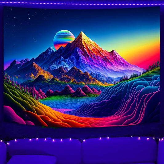 SparkLia Sunset Mountain Tapestry, Blacklight Colorful Forest Lake UV Reactive Tapestry, Neon Glow in the Dark Starry Stars Nature Landscape Wall Hanging Tapestries for Bedroom - 59.1" x 80"