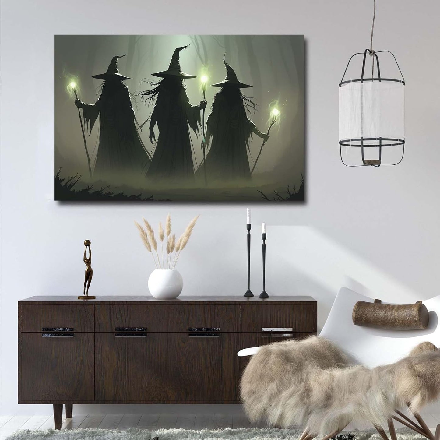 JFHCQJPK Vintage 3 witches canvas wall decor melancholy dark Halloween poster wall decor holding a staff print Gothic horror Halloween painting print for living room bedroom28x40in Frameless