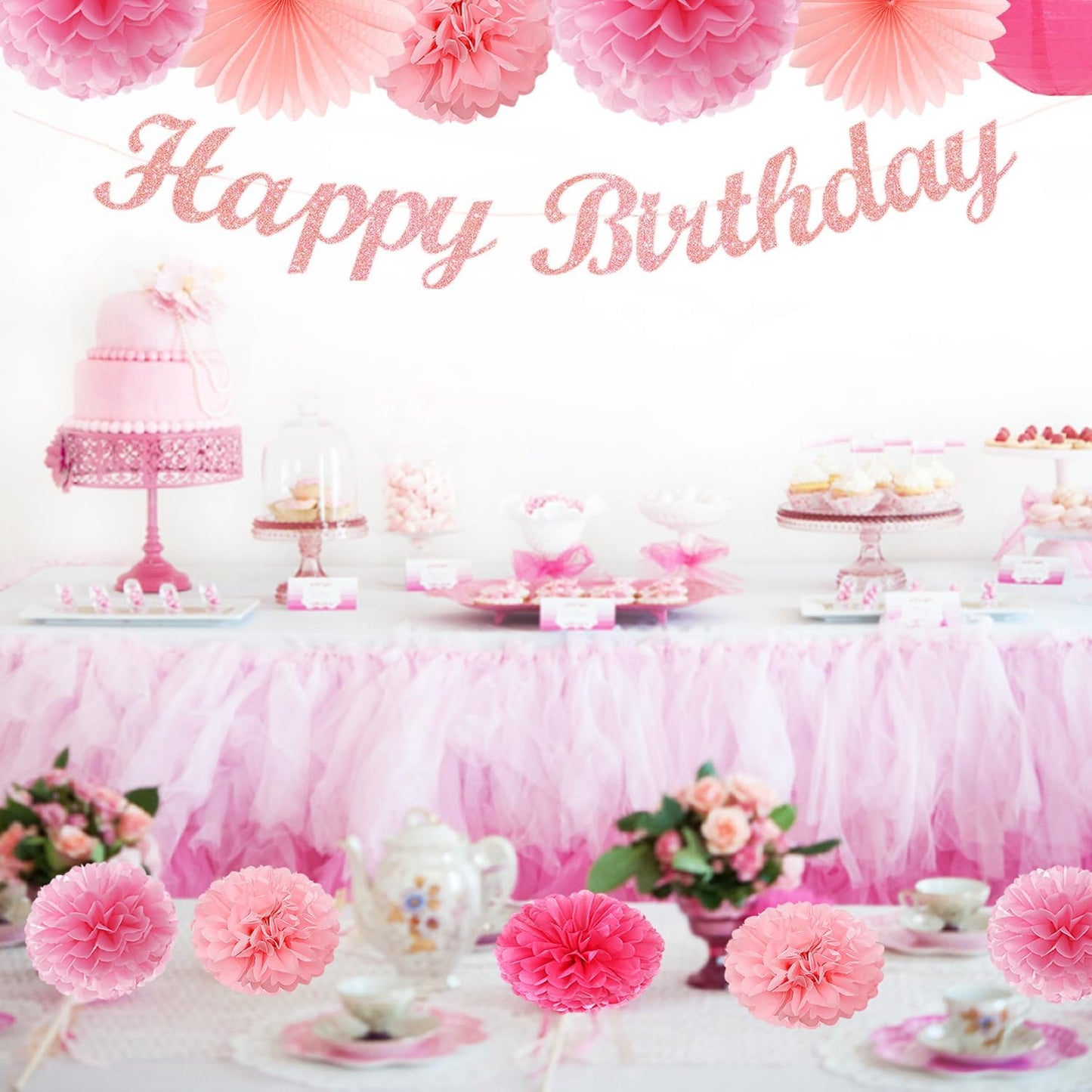 Hot Pink Birthday Party-Decorations Paper-Flowers - 14pcs Happy Banner Girl Lanterns Tissue Pom Poms,Women Streamers Garland Fans,21st 18th Princess Baby Sweet 16 Pretty Hanging Supplies Decor Hugfond