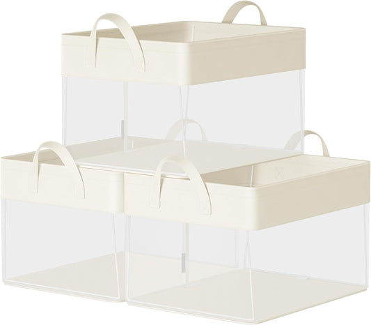 SONGMICS ClosetOrganizers Set of 3, Medium Fabric Storage Baskets, Foldable Organizer with Transparent Nylon Mesh, 15.7 x 11.8 x 9.8 Inches, Handles, for Bedroom, Living Room, Cream White URFB940W01