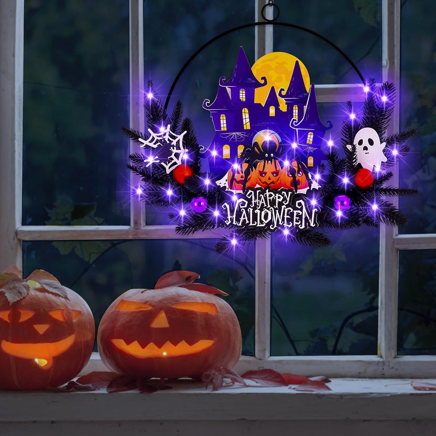 Lighted Halloween Wreaths for Front Door, Welcome Metal Wooden Door Wreath Decor Hanging Sign, 30 LED Lighted Wall Decor Battery Operated for Halloween Indoor Outdoor (Spider)