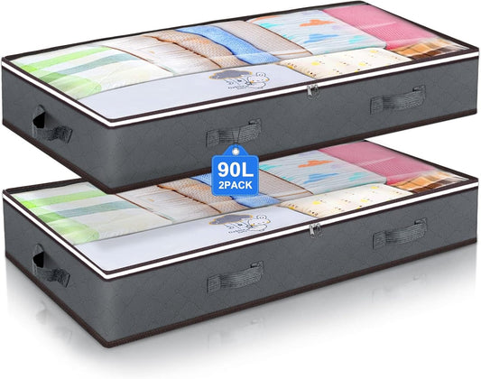 90L Under Bed Storage Containers, Underbed Toy Organizers and Clothing Storage Bags, Closet Storage Bins with Clear Window for Organizing Blanket Comforter Bedding Clothes Bedroom Dorm, 2 Pack