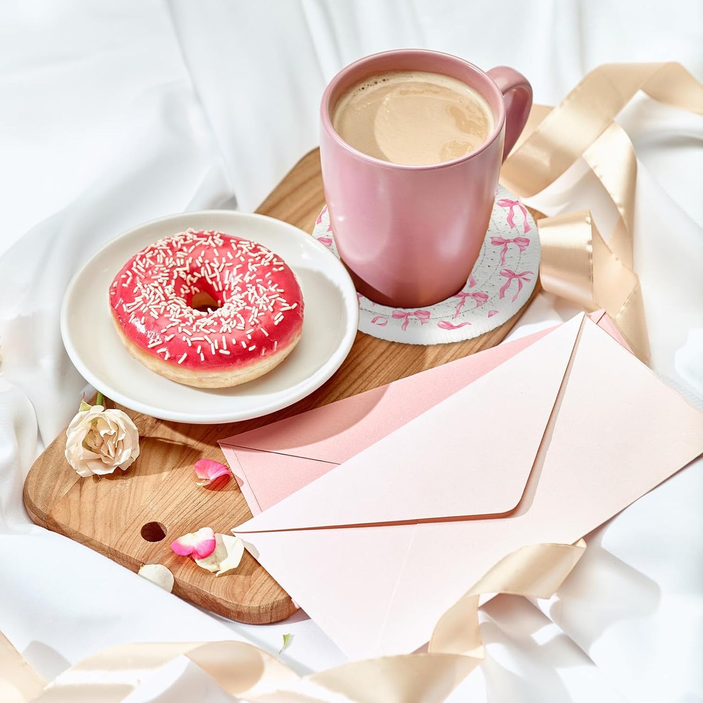 Whaline Pink Bow Coasters Handmade Braided Cotton Coasters Round Absorbent Bowknot Coquette Drink Mats for Breast Cancer Awareness Birthday Wedding Baby Shower Party Home Office Table Decor, Set of 4