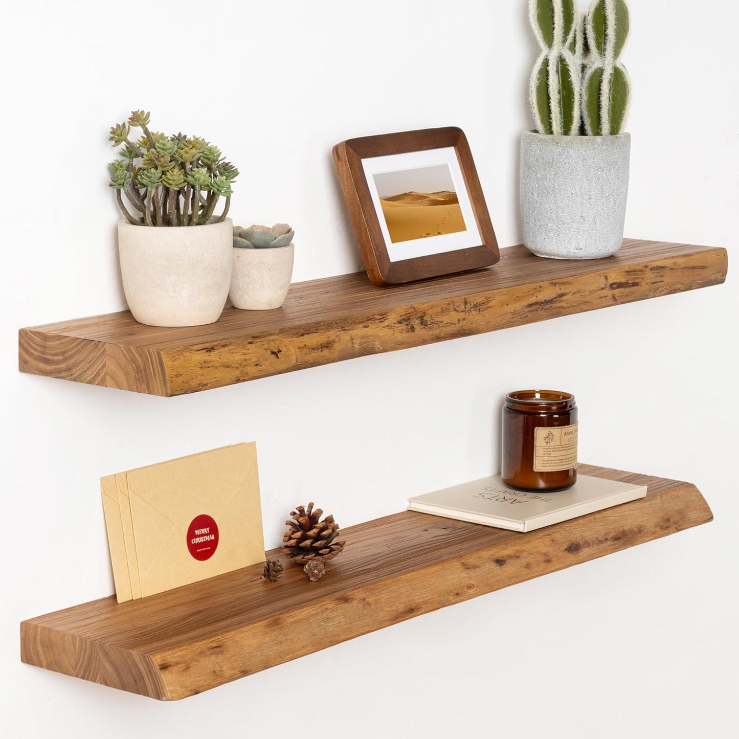 30" Floating Shelves, Live Edge Solid Elm Wood Floating Shelf, Wall Mounted Display Shelves with Heavy-Duty Bracket for Books, Rustic Wooden Shelf for Kitchen, Bathroom, Natural Color, Set of 2