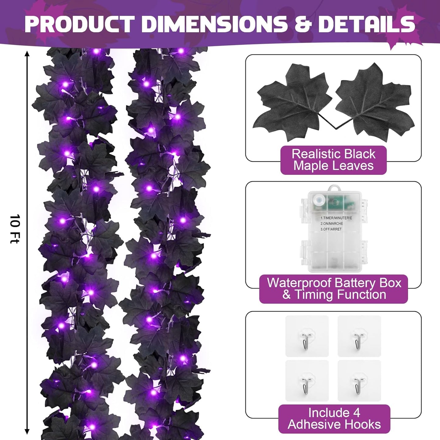 Ouddy Decor 2 Pack Lighted Black Garland Decorations, Total 20 Ft 60 Led Fall Lights Maple Leaves Battery Operated for Indoor Outdoor Thanksgiving Front Door Decor, Purple