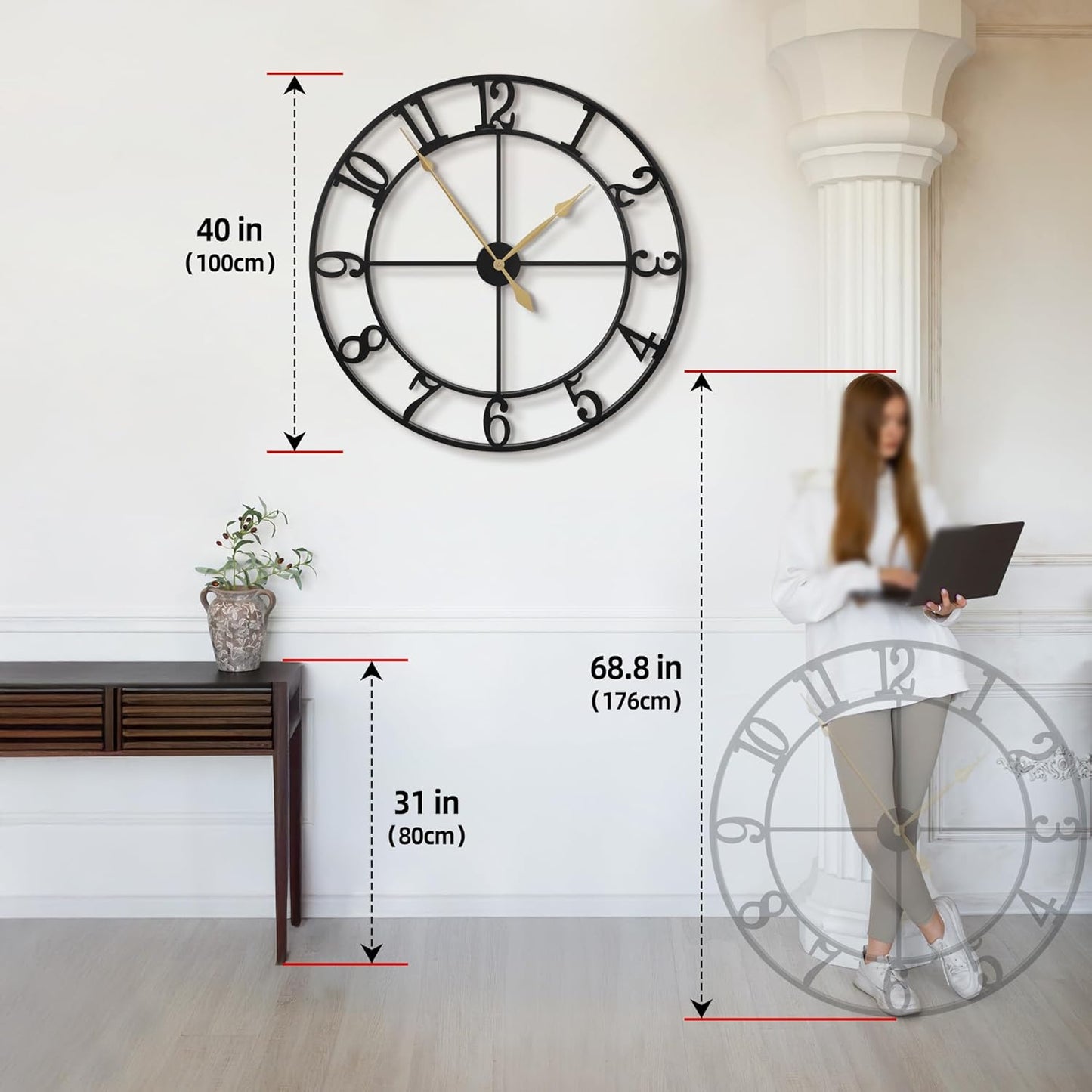 LEIKE 40 Inch Extra Large Wall Clock, Decorative Oversized Arabic Numerals Battery Operated Black Metal Wall Clocks for Living Room,Kitchen,Office, Farmhouse,Entrance Decor