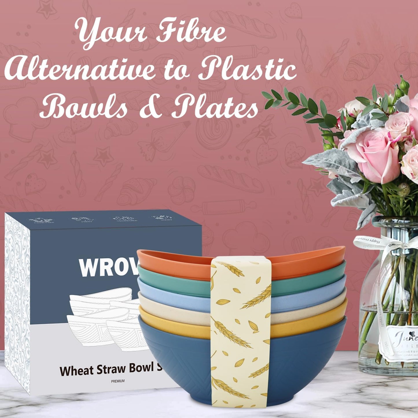 65oz Big Salad Bowls - Large Wheat Straw Bowls set of 6 - Unbreakable Serving Bowls - Microwave & Dishwasher Safe Bowl for Cereal,Salad - Vibrant Series