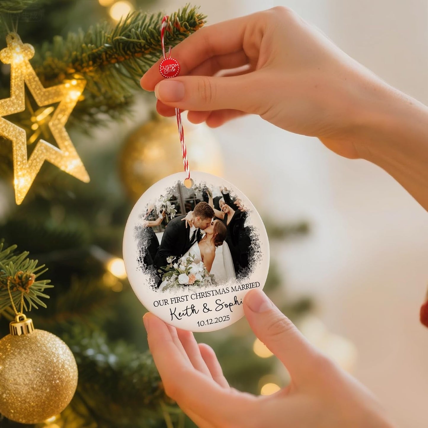 Bemaystar Personalized First Christmas Married Ornament 2025 - Personalized Photo Ornaments with Text Date, Custom 1st Christmas Married Ornament, Customized Xmas Gifts for Newlywed, Couples