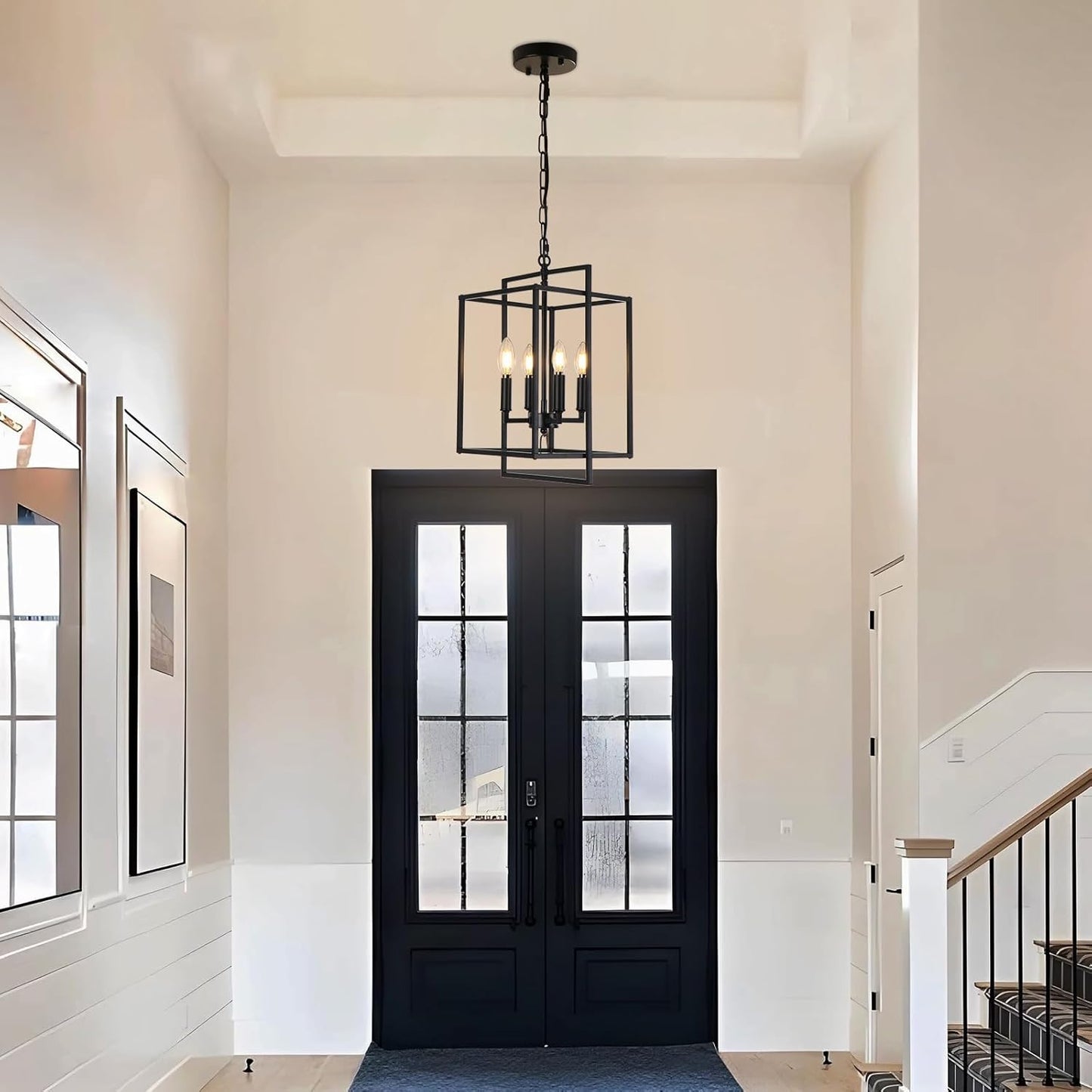 4-Light Vintage Black Chandelier, Foyer Lighting Fixtures Farmhouse Chandeliers for Dining Room, Modern Industrial Lantern Pendant Light for Kitchen Island Entryway Stairway