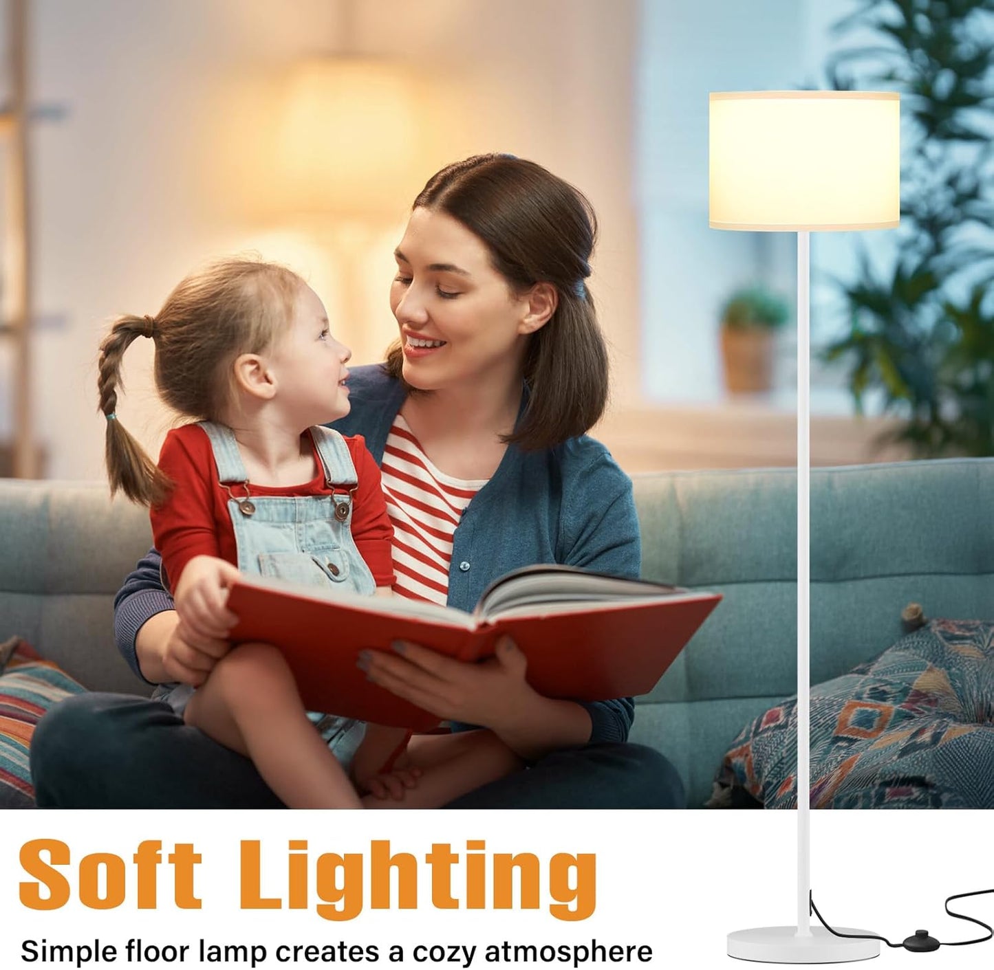 Ambimall 60'' Modern Floor Lamp with Shade, Tall Lamps for Living Room, Bedroom, Office, Dining Room, White Shade with White Pole(Without Bulb)