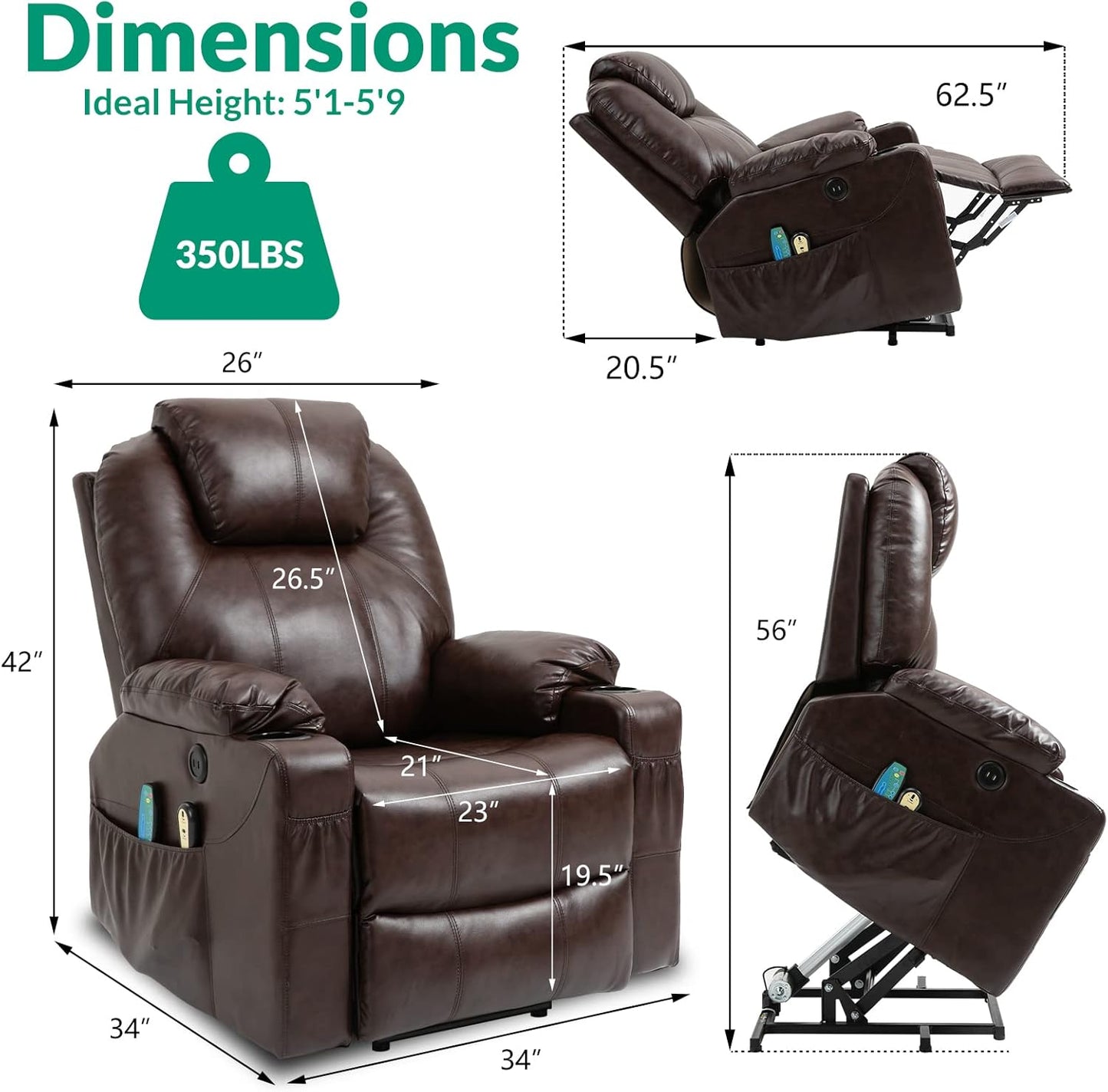 VIVIJASON Power Lift Chair Electric Recliner for Elderly Heated Vibration Massage Faux Leather Recliner Chair with 2 Remote Controls, Cup Holders, Side Pockets & USB Ports for Living Room (Brown)