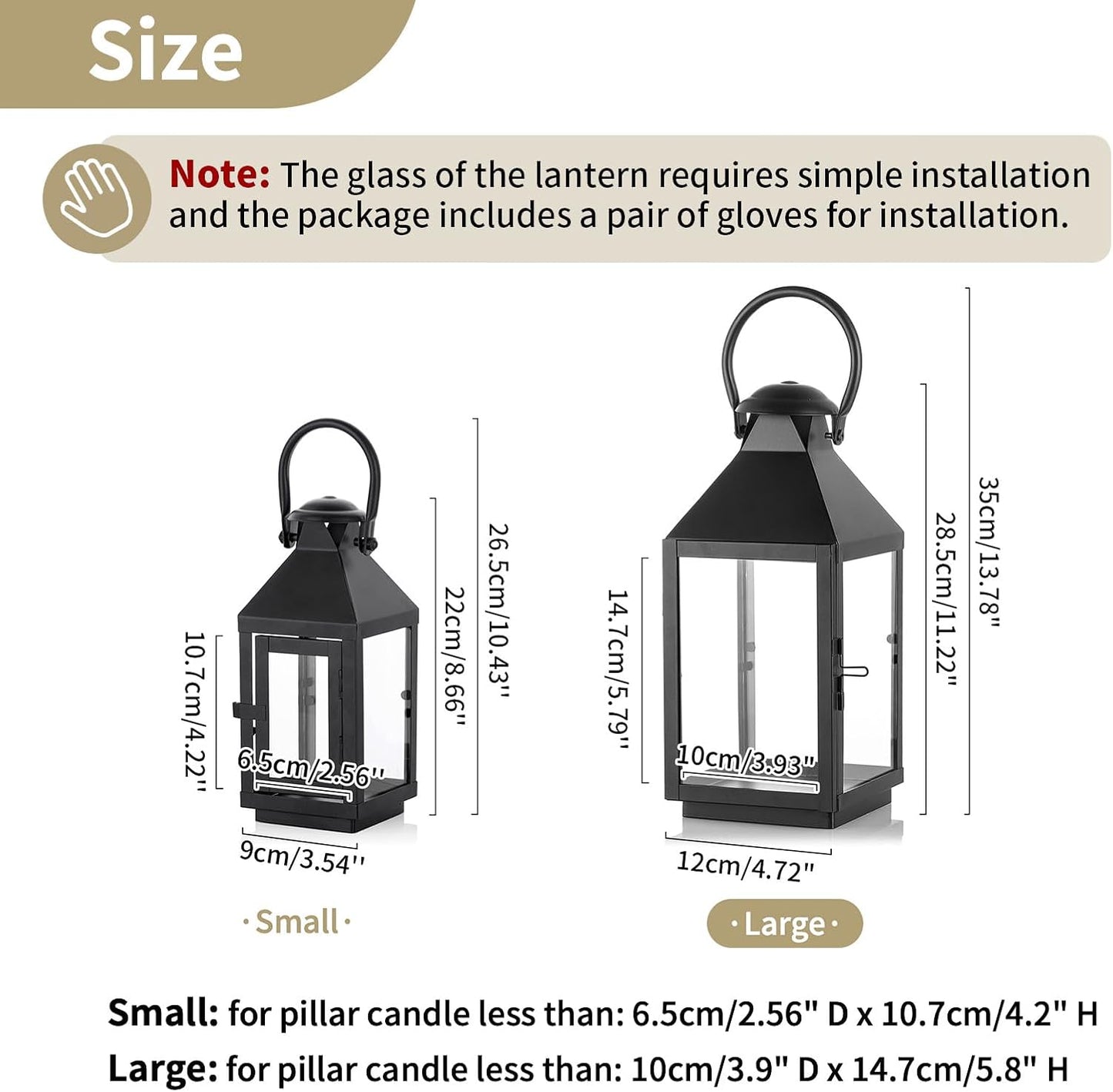 NUPTIO Black Decorative Candle Lantern: Metal Pillar Candle Holders for Table Centerpiece - 10.2in Tall Hanging Lanterns for Outdoor Wedding Party Home Living Room Fireplace Decor