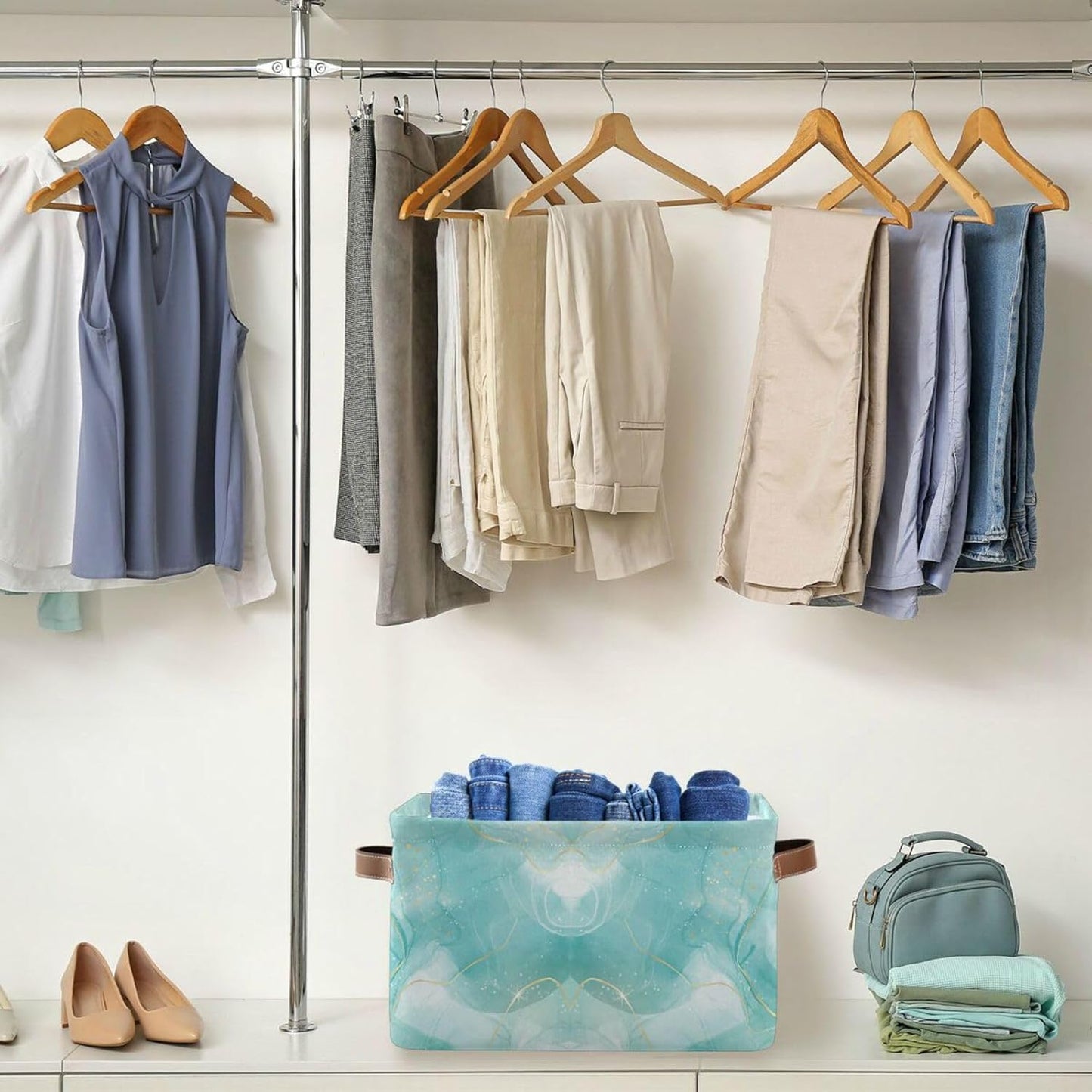 susiyo Large Foldable Storage Bin Storage Baskets for Shelves Storage Bins for Organizing Shelf Nursery Toys Decorative Linen Fabric Bins Cube with PU Handles 1 Pack,Green Marble