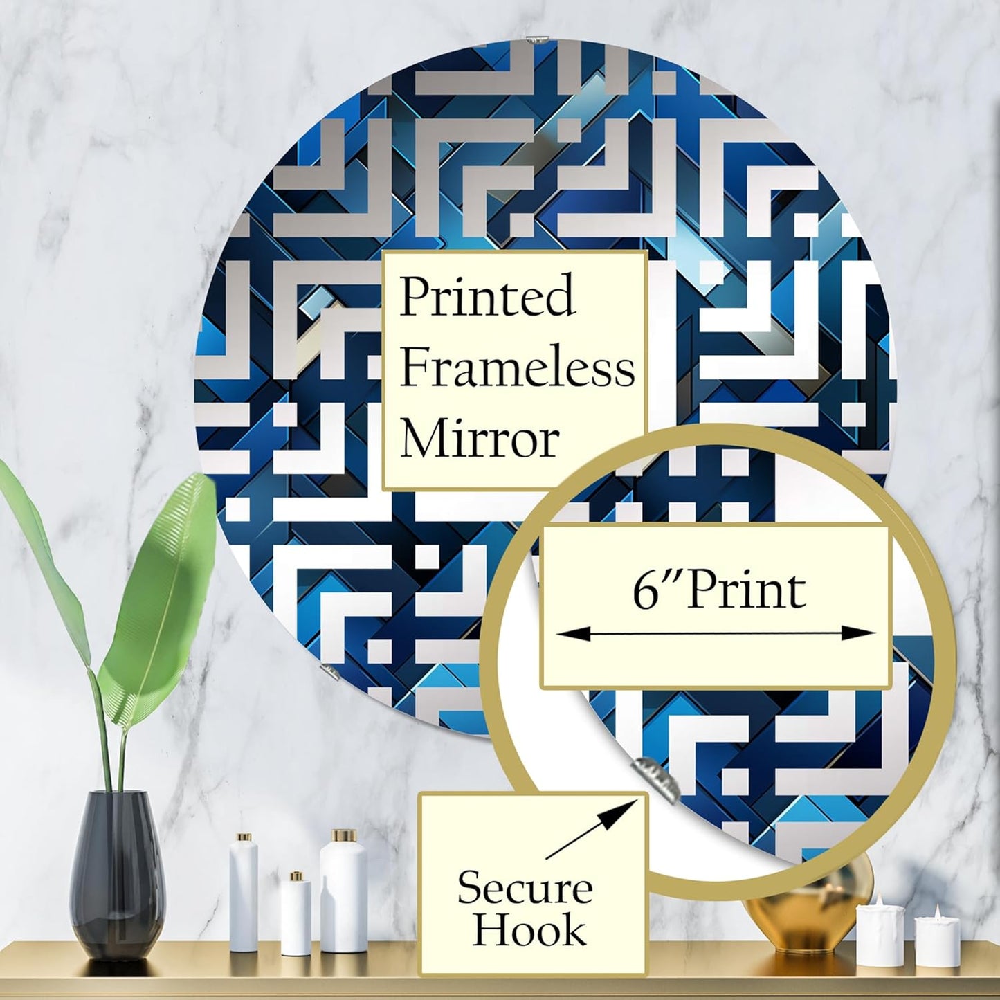 Symmetric Cubes in Deep Cobalt Blue - Geometric Maze - 32 Inches - Round Decorative Wall Mirror for Bathroom, Bedroom, Entryway, Living Room, Vanity Room and Modern Décor