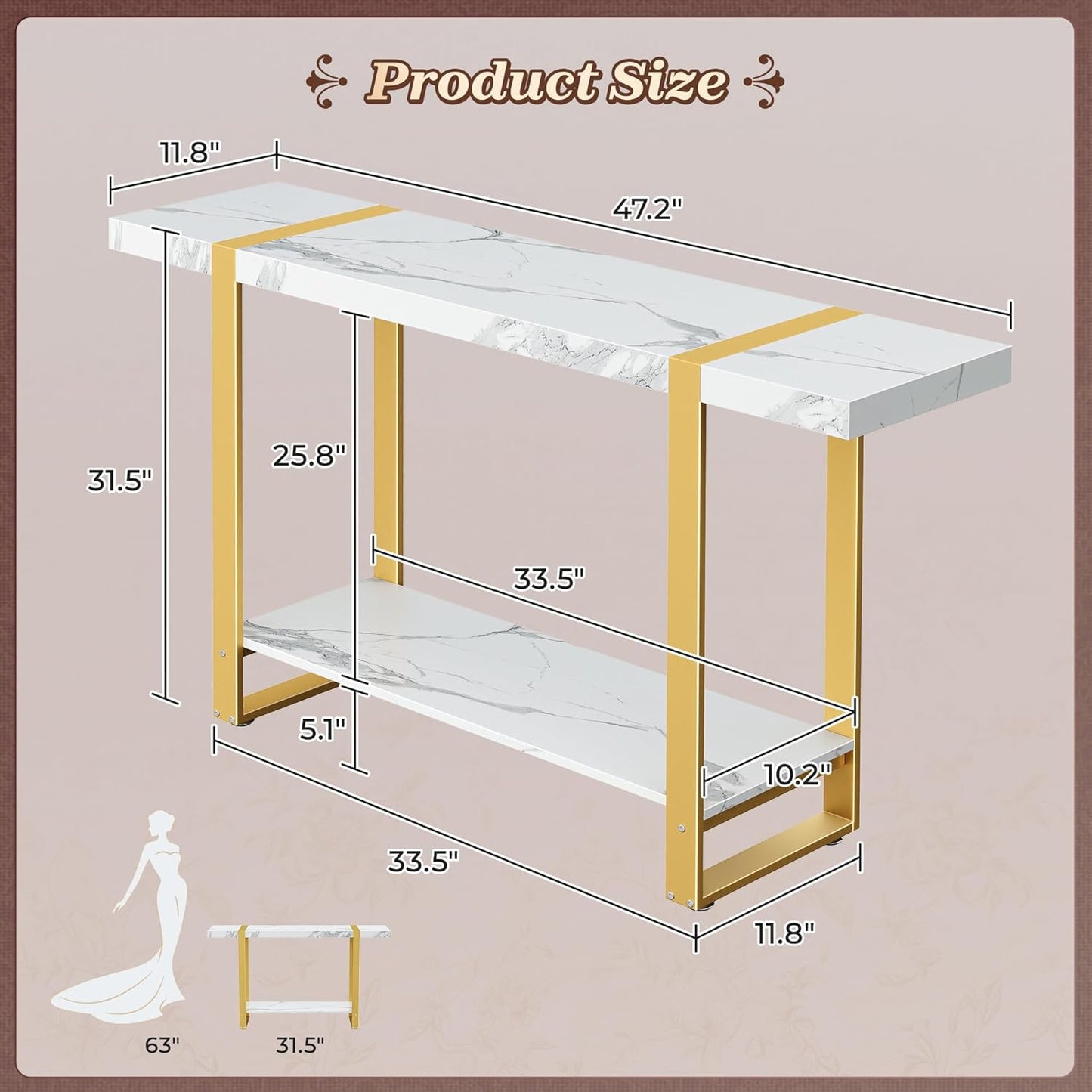 Huuger 47.2 Inch Entryway Table with Marble Top, 2-Tier Modern Console Sofa Table with Storage, Accent Table, for Entry, Hallway, Entrance, Foyer, T-Shaped Metal Frame, White Marble & Gold